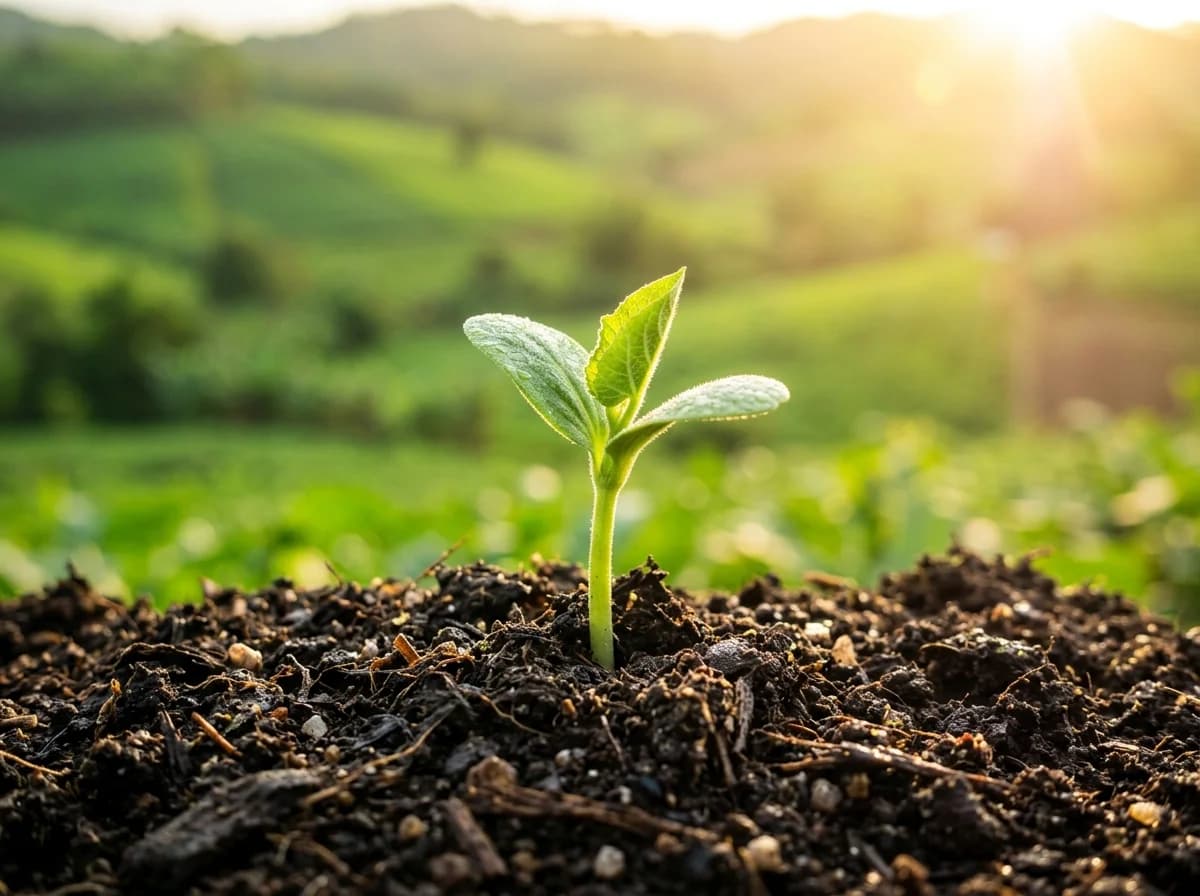 Young green sprout seedling growing out of fertile dark soil at sunrise