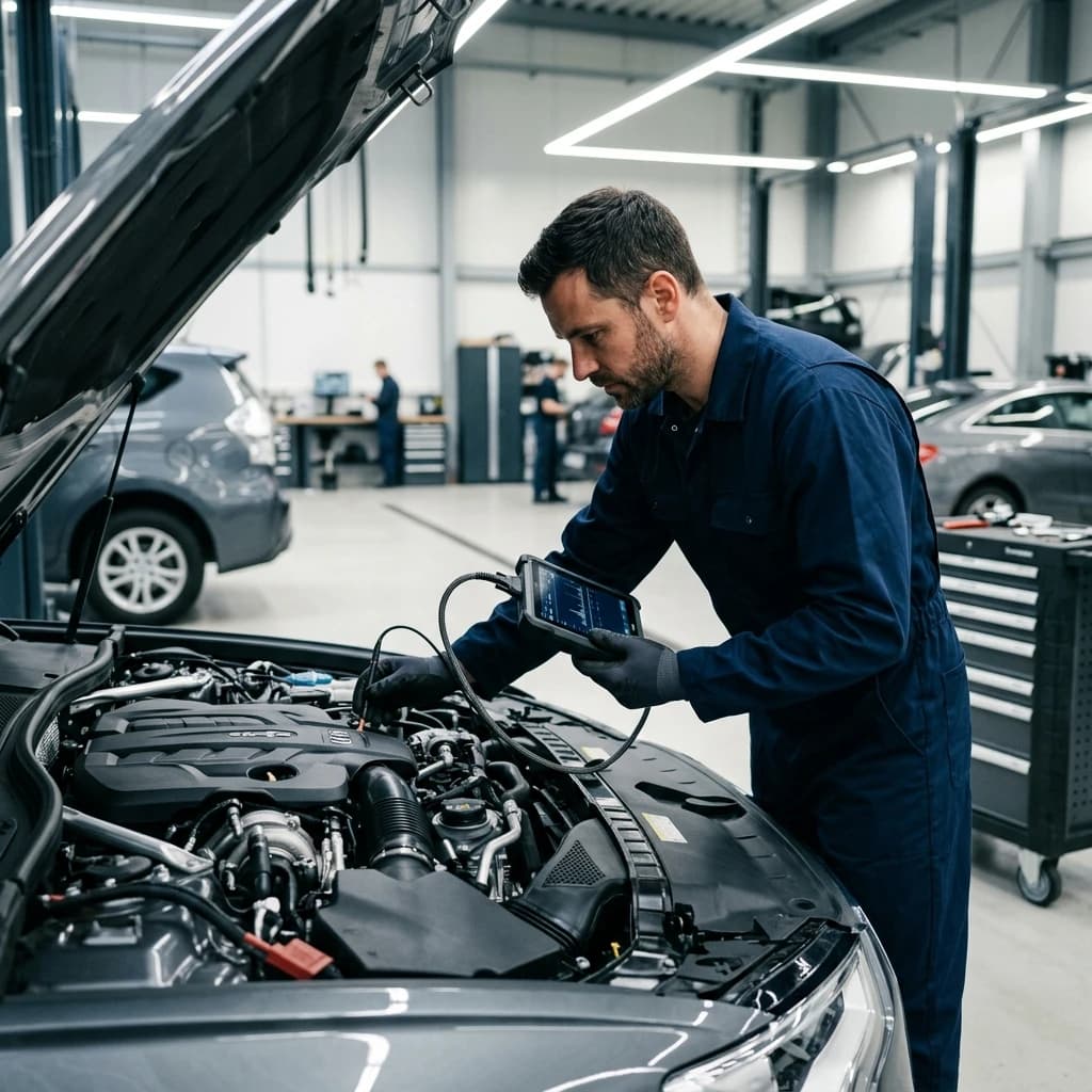 Automotive technician inspecting vehicle engine in modern workshop