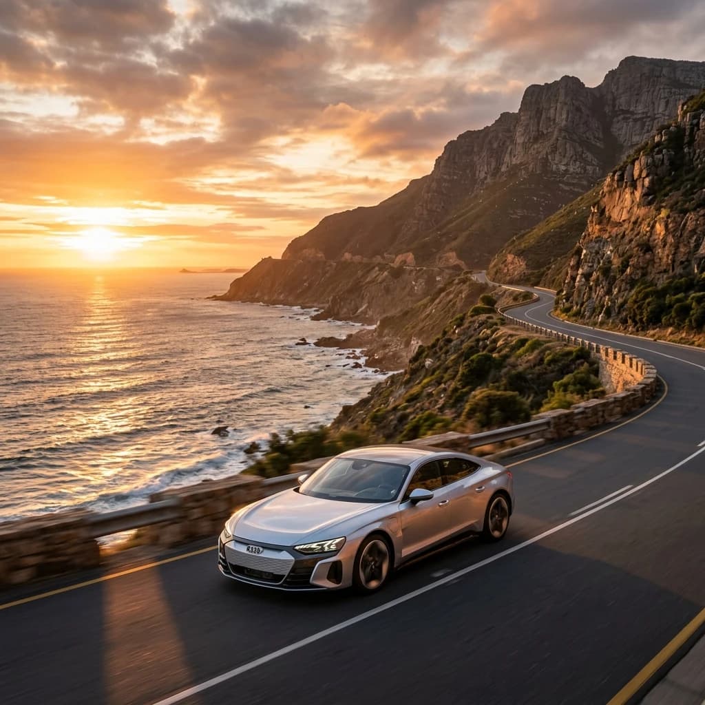 Car driving along scenic coastal mountain road towards sunset