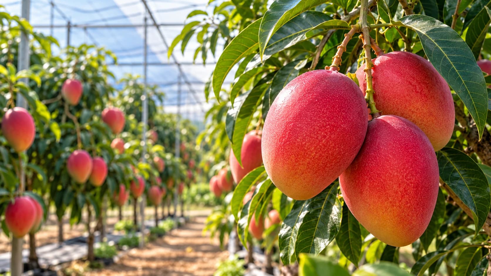 Ripe Miyazaki mangoes on tree in plantation