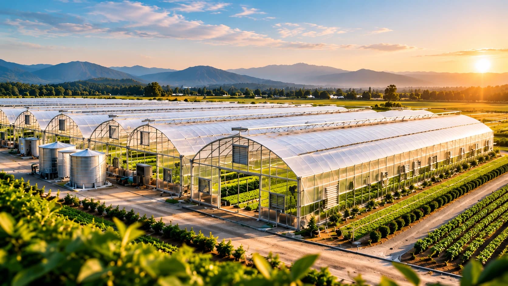 Poly House Farming greenhouse structures with mountain backdrop