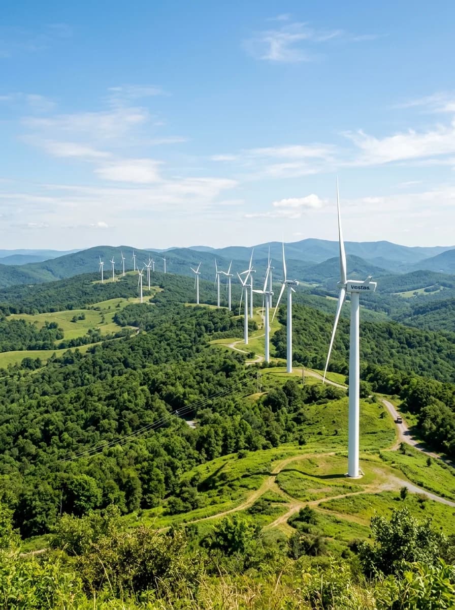 Wind turbines in lush mountain landscape