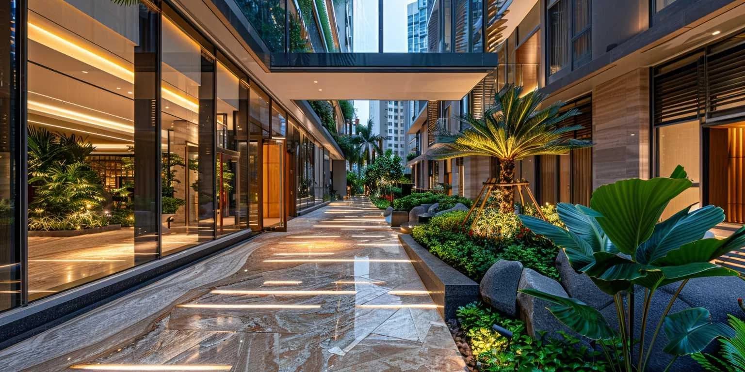 Sustainable modern architecture surrounded by greenery