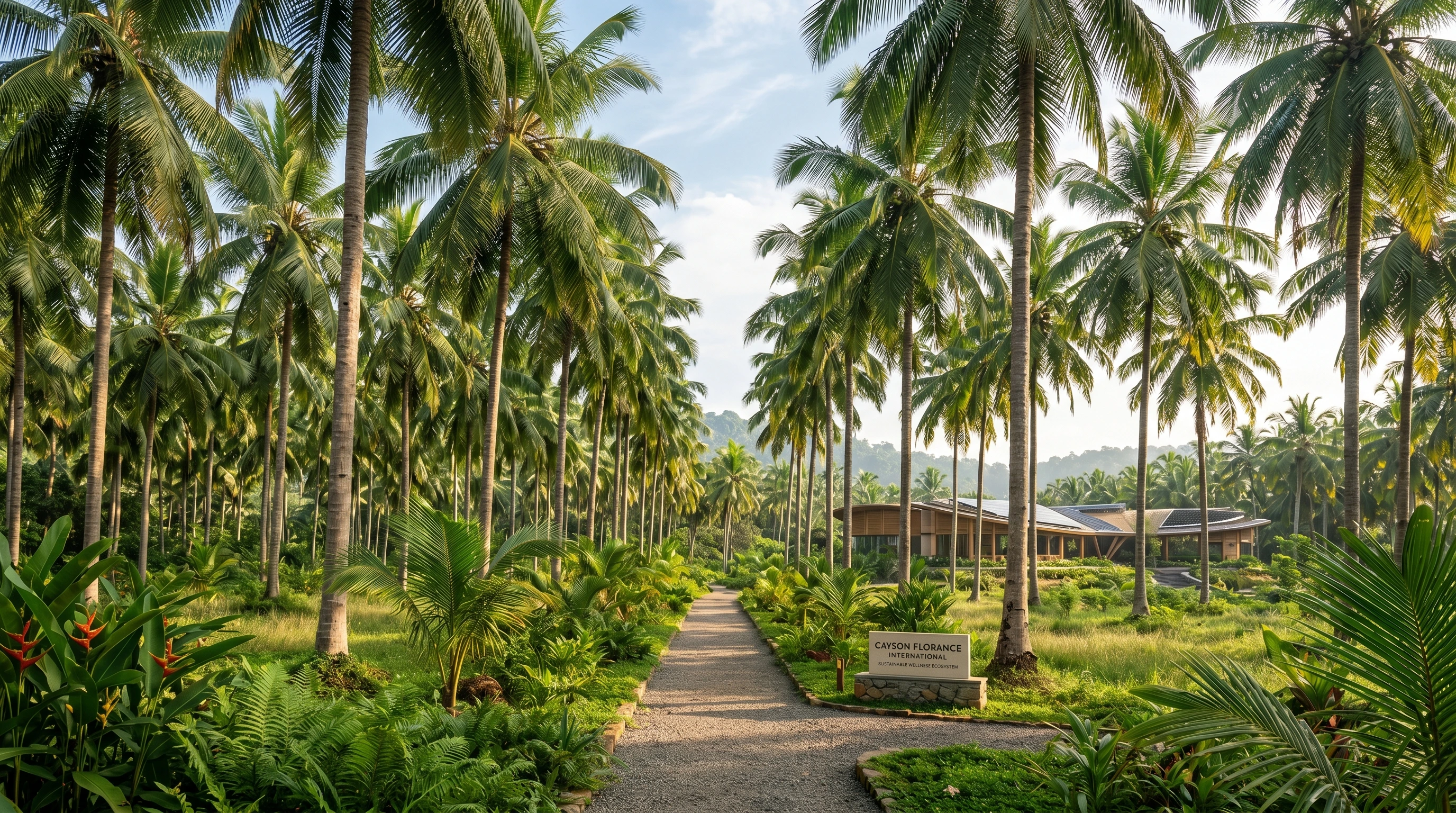 Lush Kerala coconut plantation — the source of Cayson Florance's premium natural ingredients, partnering with 500+ farmers across Kerala and Tamil Nadu