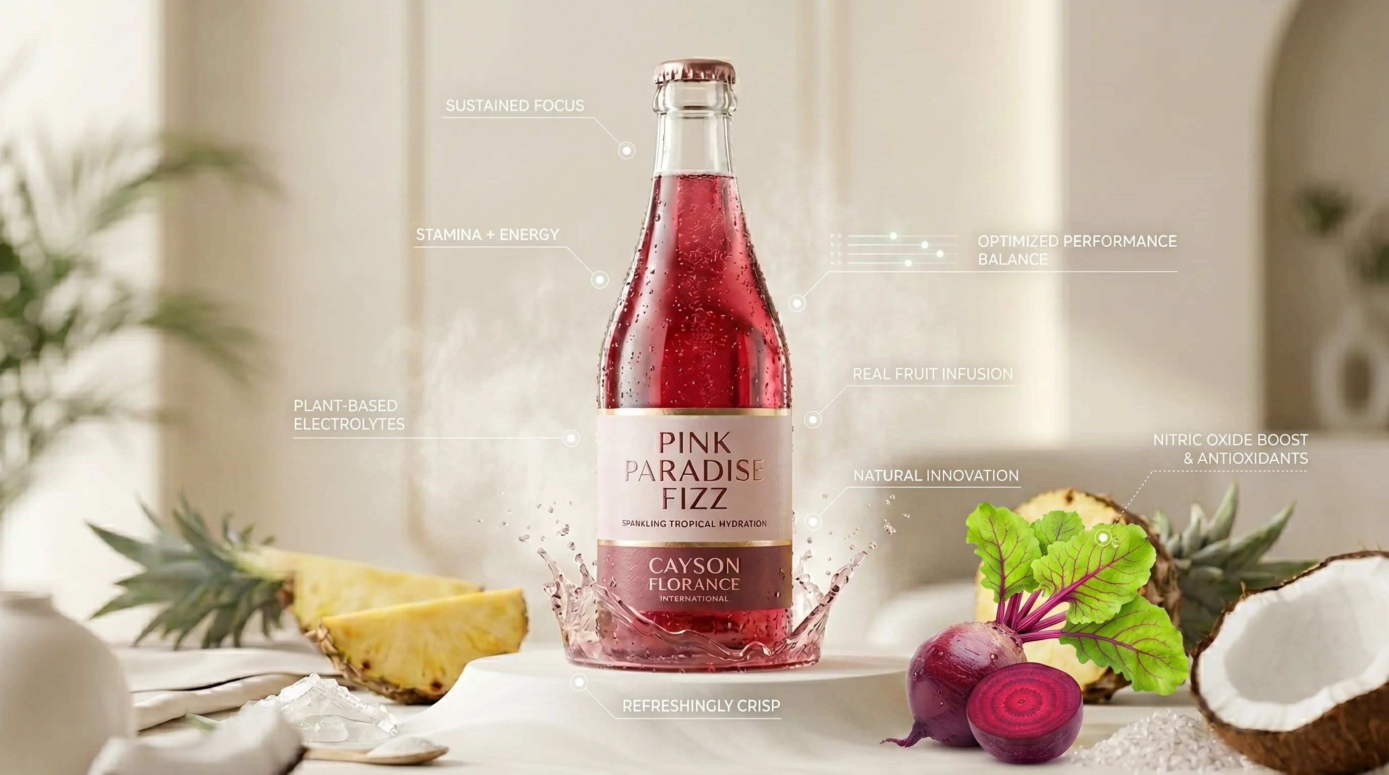 Pink Paradise Fizz — tropical sparkling wellness drink with pineapple and beetroot